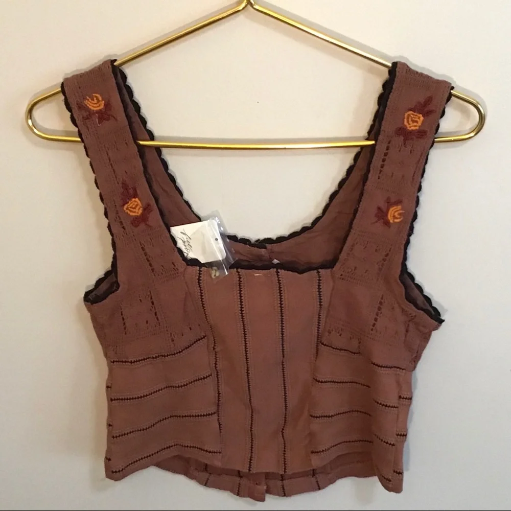 Free People Mauve Brown Embroidered Crop Top with Orange Floral Accents